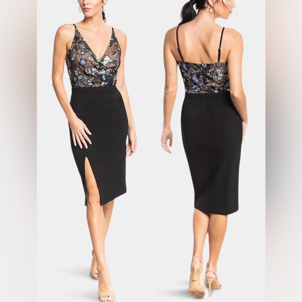 NWOT Dress The Population Black Giulia Sequin Crepe Sheath Pencil Dress Sz L